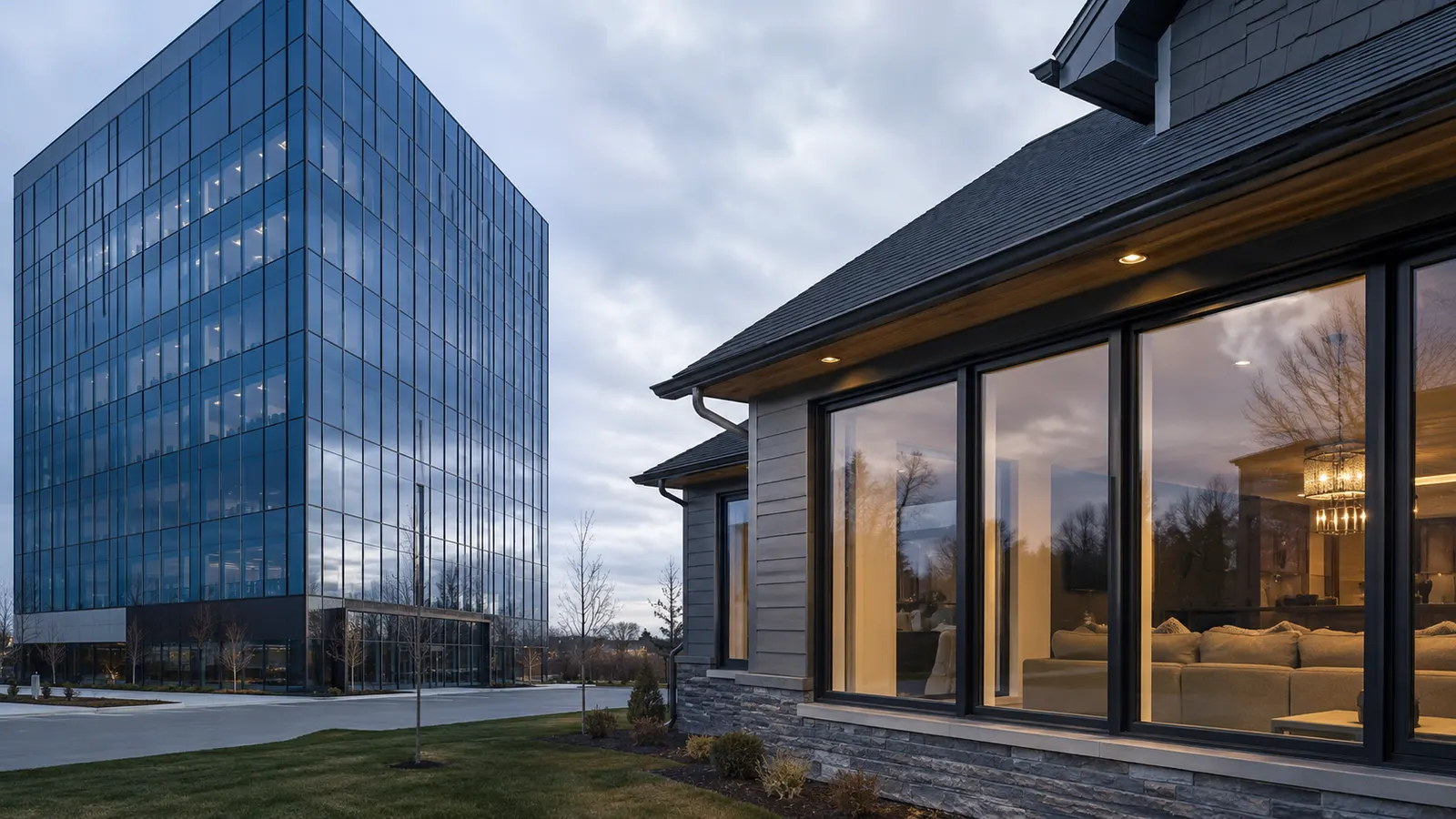 Commercial glass curtain wall tower beside a residential home with large triple-glazed windows
