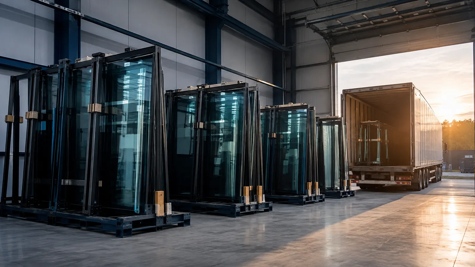 Finished insulated glass units in shipping racks staged beside a loading dock with a delivery truck