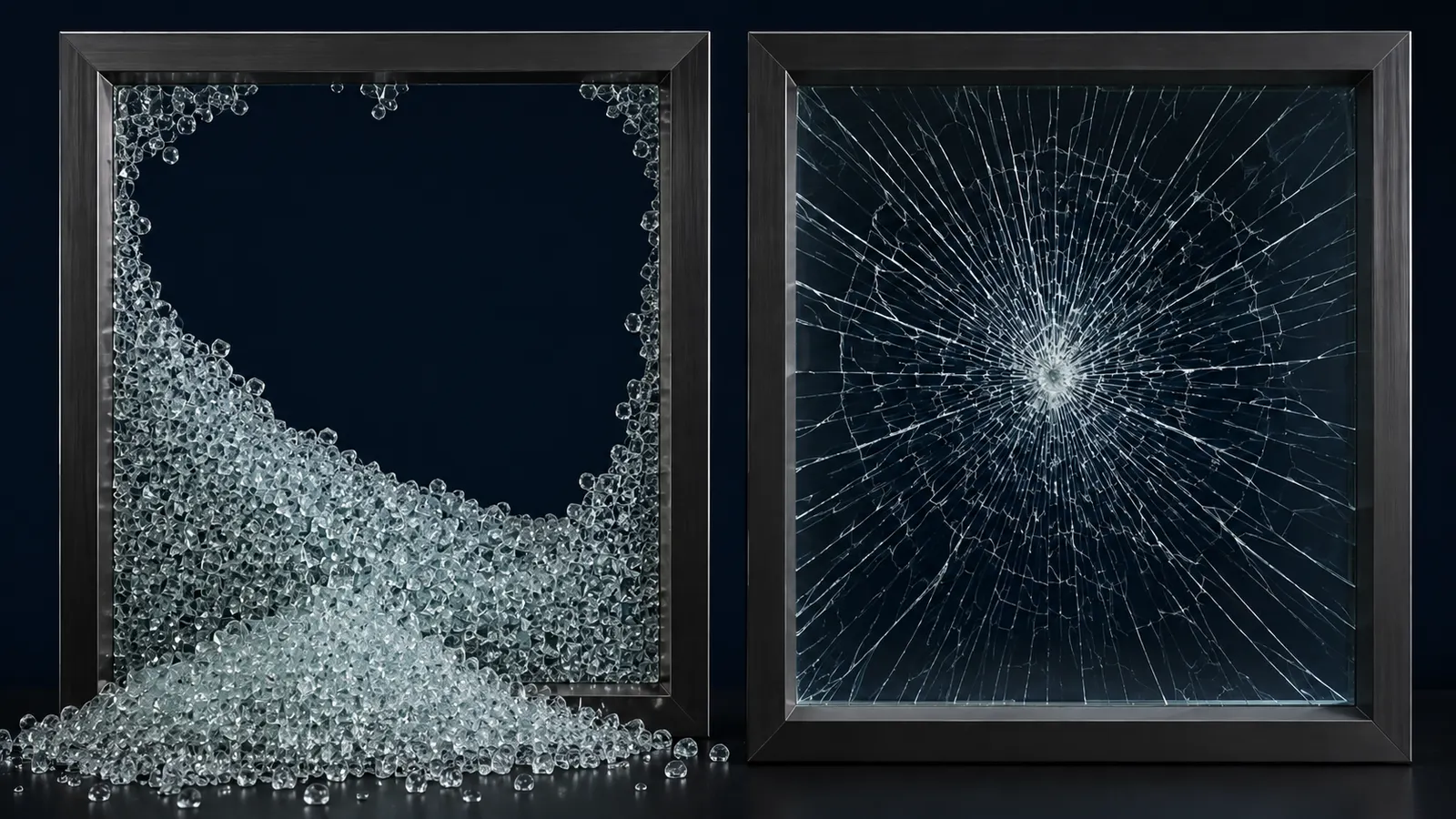 Tempered glass crumbled into blunt granular pieces beside laminated glass held intact by its interlayer