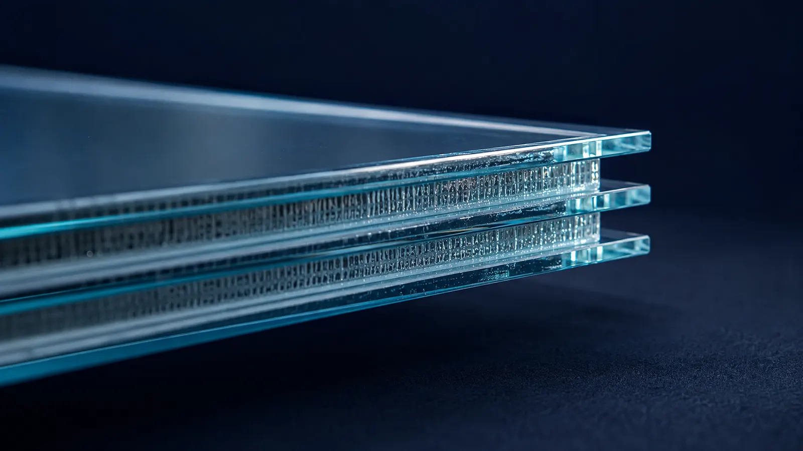 Edge-on macro of a multi-pane insulated glass unit showing parallel glass layers separated by sealed cavities
