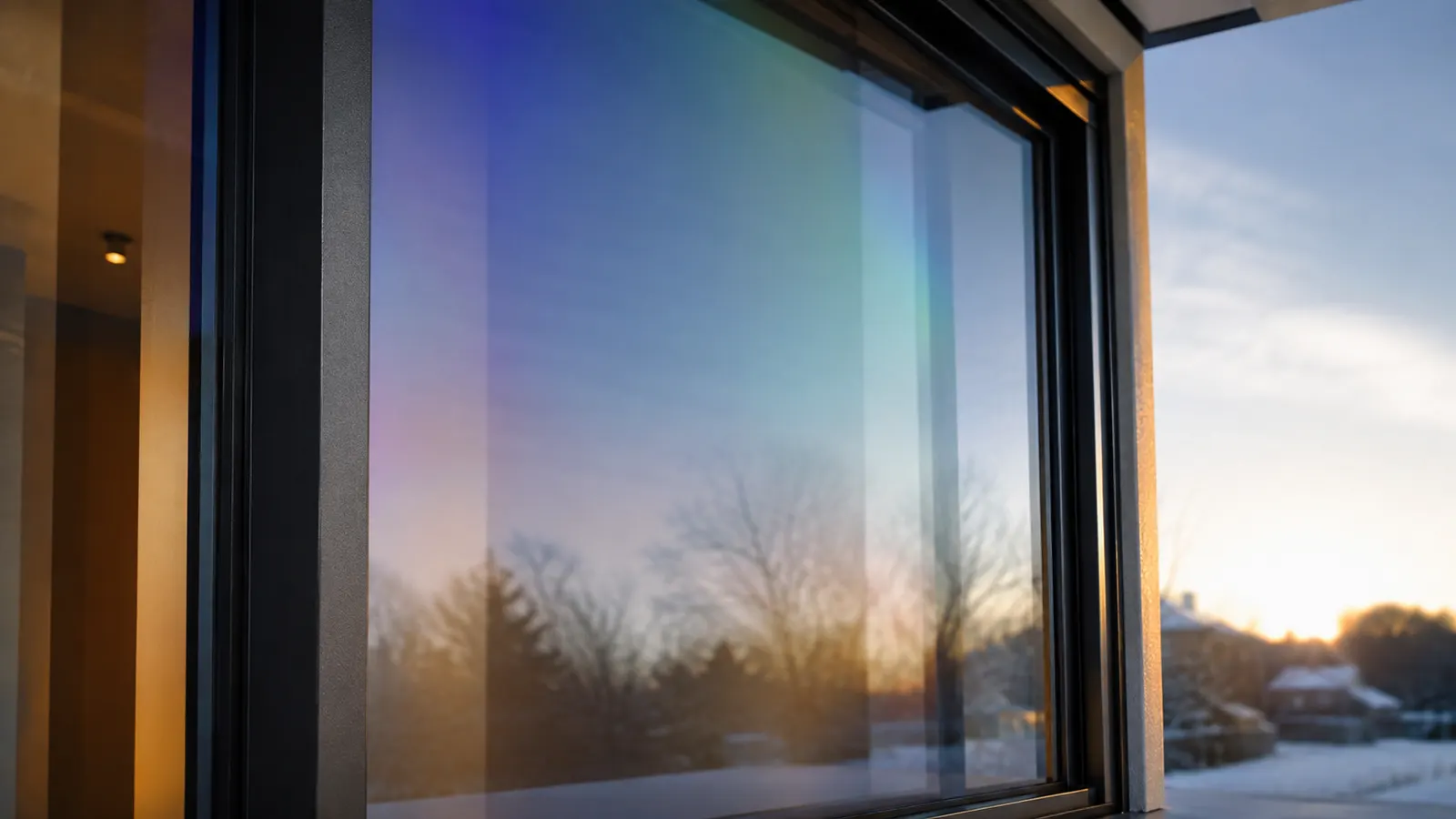 Low-E coated window pane showing a faint iridescent sheen in low winter sunlight
